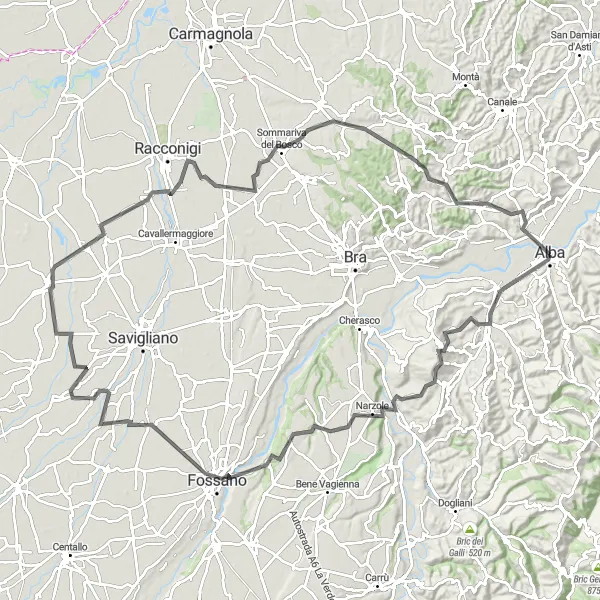 Miniatuurkaart van de fietsinspiratie "La Morra en Cussanio route" in Piemonte, Italy. Gemaakt door de Tarmacs.app fietsrouteplanner