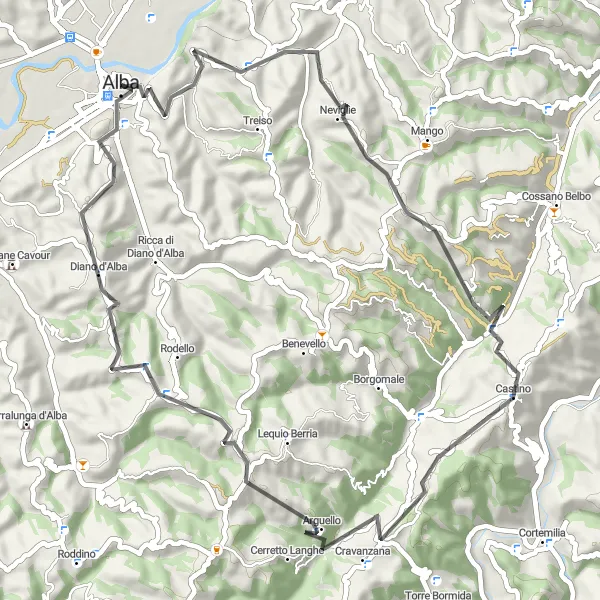 Map miniature of "Neviglie and Bosia Loop" cycling inspiration in Piemonte, Italy. Generated by Tarmacs.app cycling route planner