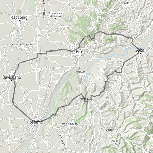 Miniature de la carte de l'inspiration cycliste "Circuit cycliste de La Morra à Bra via Corneliano d'Alba" dans la Piemonte, Italy. Générée par le planificateur d'itinéraire cycliste Tarmacs.app