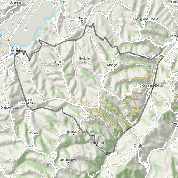 Miniature de la carte de l'inspiration cycliste "Boucle cycliste à travers Neive et Camo" dans la Piemonte, Italy. Générée par le planificateur d'itinéraire cycliste Tarmacs.app