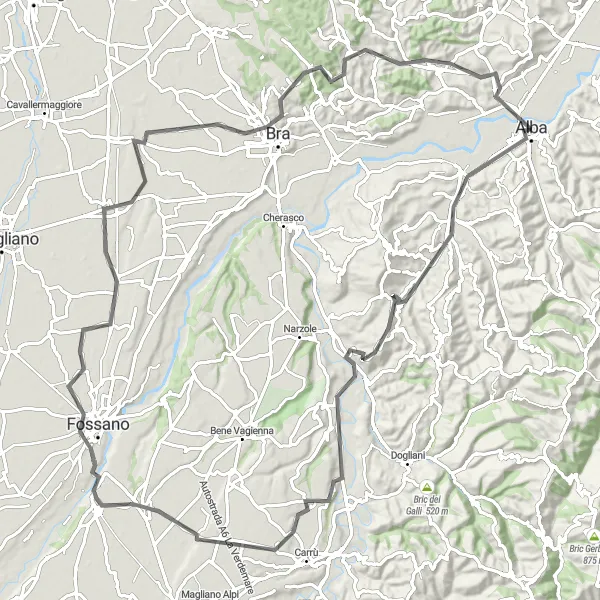 Map miniature of "Barolo and Alba Loop" cycling inspiration in Piemonte, Italy. Generated by Tarmacs.app cycling route planner