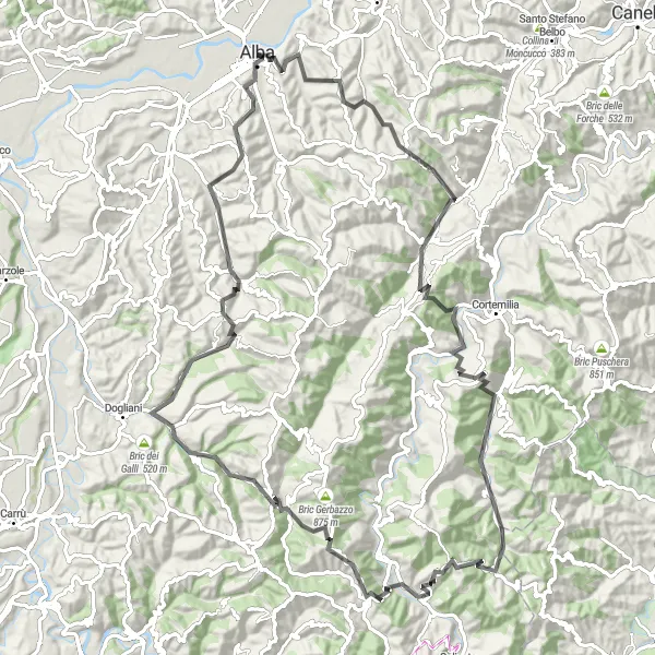 Miniatuurkaart van de fietsinspiratie "Rondrit van Trezzo Tinella naar Valle Talloria" in Piemonte, Italy. Gemaakt door de Tarmacs.app fietsrouteplanner