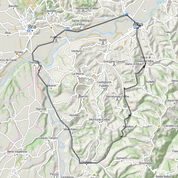 Zemljevid v pomanjšavi "Razgibana kolesarska pot skozi Diano d'Alba, Roddino, Monchiero, Pollenzo in Scaparone" kolesarske inspiracije v Piemonte, Italy. Generirano z načrtovalcem kolesarskih poti Tarmacs.app