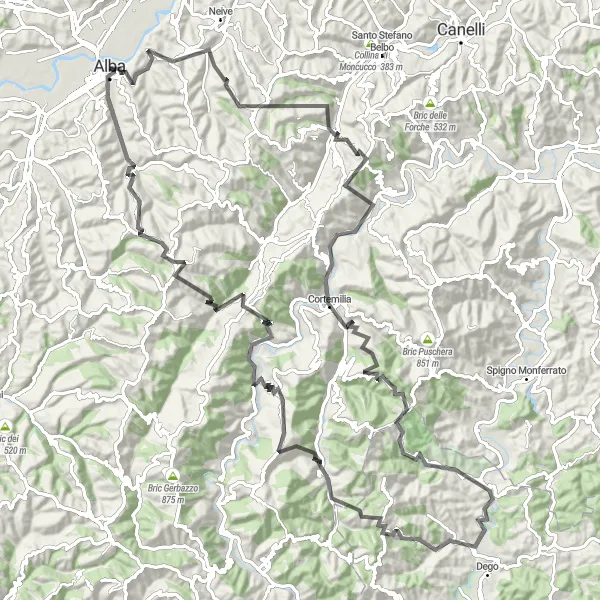 Miniatuurkaart van de fietsinspiratie "Uitdagende tocht rond Alba" in Piemonte, Italy. Gemaakt door de Tarmacs.app fietsrouteplanner