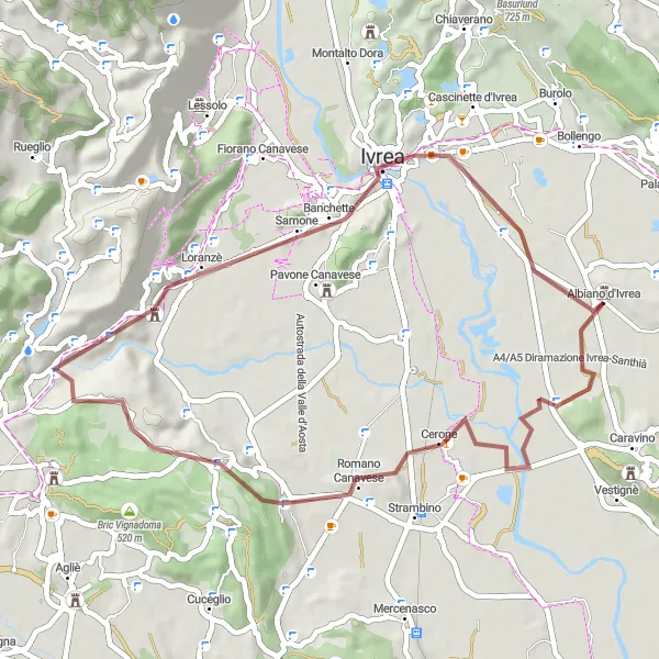 Miniatua del mapa de inspiración ciclista "Ruta de grava por Romano Canavese y Mondone" en Piemonte, Italy. Generado por Tarmacs.app planificador de rutas ciclistas