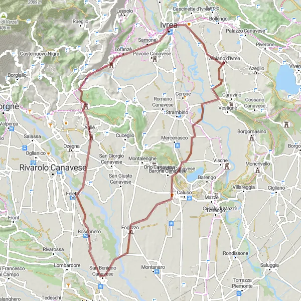 Miniatuurkaart van de fietsinspiratie "Avontuurlijke gravel route rondom Albiano d'Ivrea" in Piemonte, Italy. Gemaakt door de Tarmacs.app fietsrouteplanner