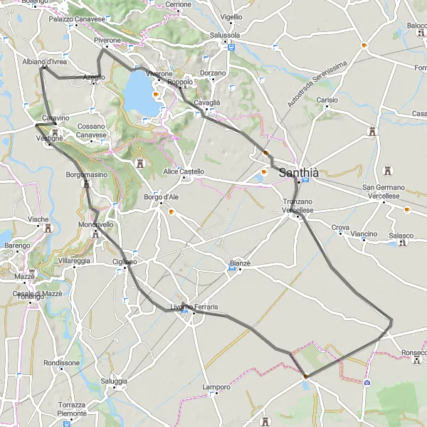 Miniatura della mappa di ispirazione al ciclismo "Giro in bicicletta da Albiano d'Ivrea a Livorno Ferraris e Azeglio" nella regione di Piemonte, Italy. Generata da Tarmacs.app, pianificatore di rotte ciclistiche