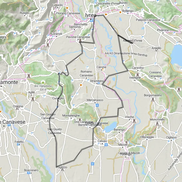 Miniatua del mapa de inspiración ciclista "Ruta de ciclismo de 69 km desde Albiano d'Ivrea por carretera" en Piemonte, Italy. Generado por Tarmacs.app planificador de rutas ciclistas