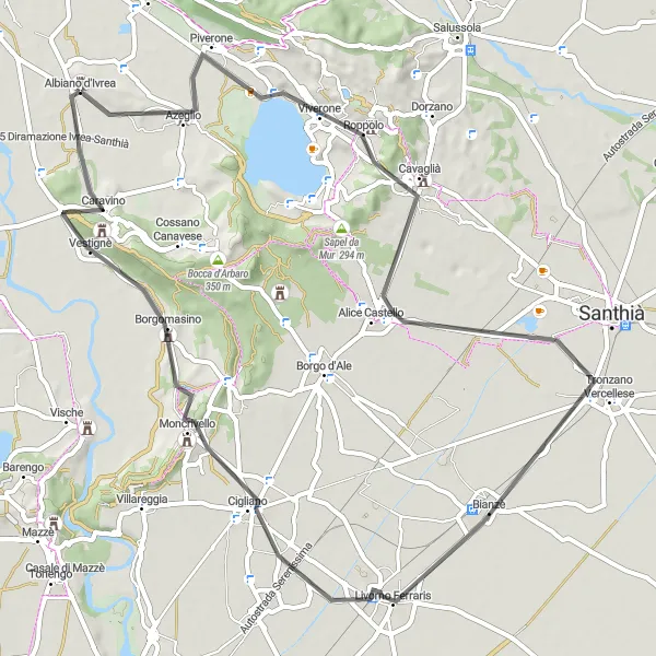 Miniaturní mapa "Scenic road cycling route starting near Albiano d'Ivrea" inspirace pro cyklisty v oblasti Piemonte, Italy. Vytvořeno pomocí plánovače tras Tarmacs.app