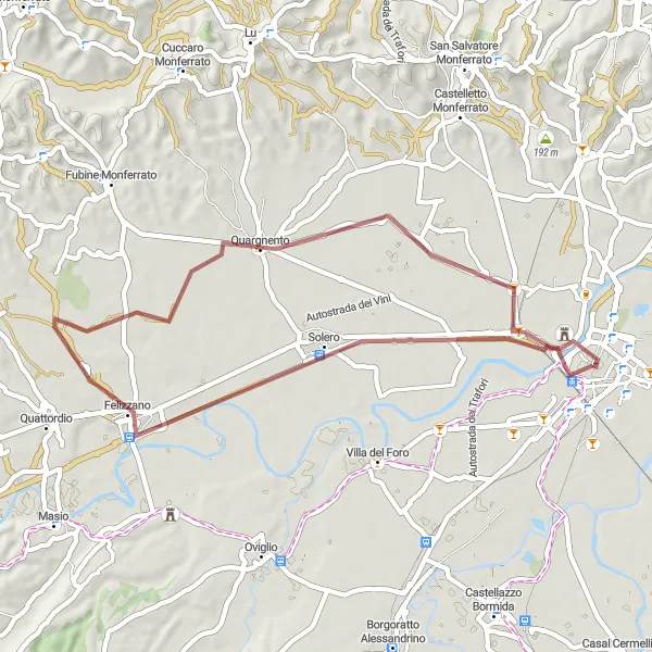 Miniatua del mapa de inspiración ciclista "Ruta de Grava Solero-Quargnento" en Piemonte, Italy. Generado por Tarmacs.app planificador de rutas ciclistas