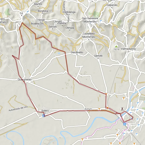 Map miniature of "Exploring Solero, Lu, and Alessandria on a Gravel Adventure" cycling inspiration in Piemonte, Italy. Generated by Tarmacs.app cycling route planner