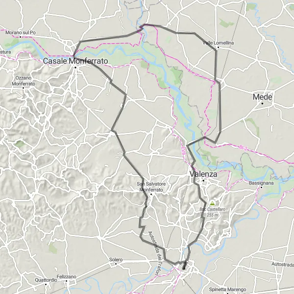 Miniaturní mapa "Cyklistická trasa přes Occimiano a Casale Monferrato" inspirace pro cyklisty v oblasti Piemonte, Italy. Vytvořeno pomocí plánovače tras Tarmacs.app