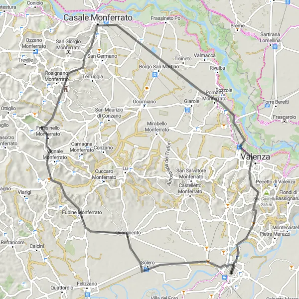 Map miniature of "Challenging Road Cycling Route through Solero, Fubine Monferrato, Casale Monferrato, Bozzole, Valenza, and Alessandria" cycling inspiration in Piemonte, Italy. Generated by Tarmacs.app cycling route planner