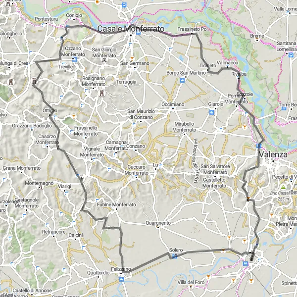 Miniaturní mapa "Výzva přes Altavillu Monferrato a Casale Monferrato" inspirace pro cyklisty v oblasti Piemonte, Italy. Vytvořeno pomocí plánovače tras Tarmacs.app