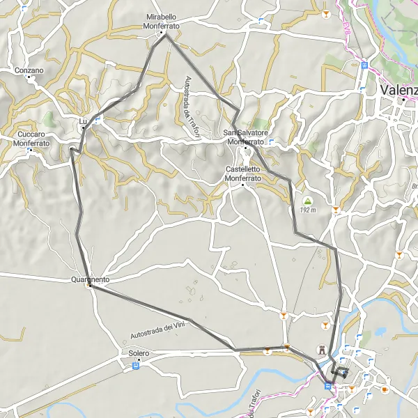 Kartminiatyr av "Quargnento - San Salvatore Monferrato - Alessandria" cykelinspiration i Piemonte, Italy. Genererad av Tarmacs.app cykelruttplanerare