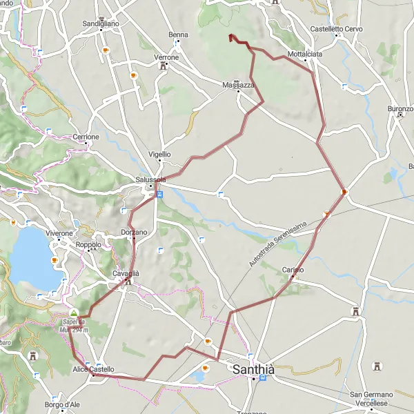 Karten-Miniaturansicht der Radinspiration "Graveltour von Alice Castello nach Mottalciata" in Piemonte, Italy. Erstellt vom Tarmacs.app-Routenplaner für Radtouren