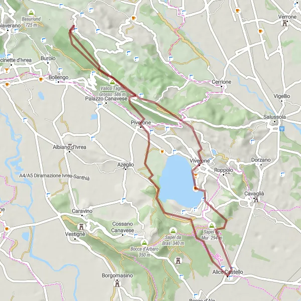 Miniatura della mappa di ispirazione al ciclismo "Avventura Gravel al Passo d'Avenco e Viverone" nella regione di Piemonte, Italy. Generata da Tarmacs.app, pianificatore di rotte ciclistiche