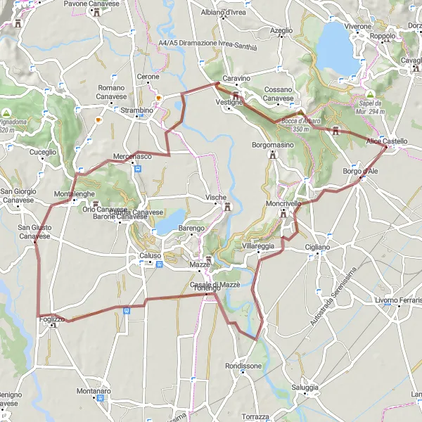Zemljevid v pomanjšavi "Gravel kolesarska pot v bližini Alice Castello" kolesarske inspiracije v Piemonte, Italy. Generirano z načrtovalcem kolesarskih poti Tarmacs.app