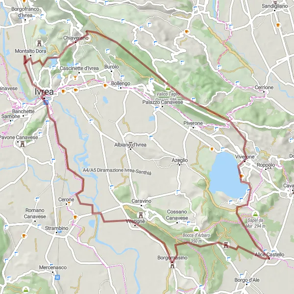Karttaminiaatyyri "Seikkailu Morenico-deltan ympäristössä" pyöräilyinspiraatiosta alueella Piemonte, Italy. Luotu Tarmacs.app pyöräilyreittisuunnittelijalla