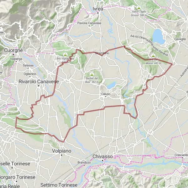 Miniatuurkaart van de fietsinspiratie "Gravelroute door Monte Riolo en Strambino" in Piemonte, Italy. Gemaakt door de Tarmacs.app fietsrouteplanner