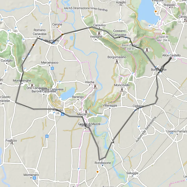 Mapa miniatúra "Brodivá cesta cez Cigliano a Strambino" cyklistická inšpirácia v Piemonte, Italy. Vygenerované cyklistickým plánovačom trás Tarmacs.app