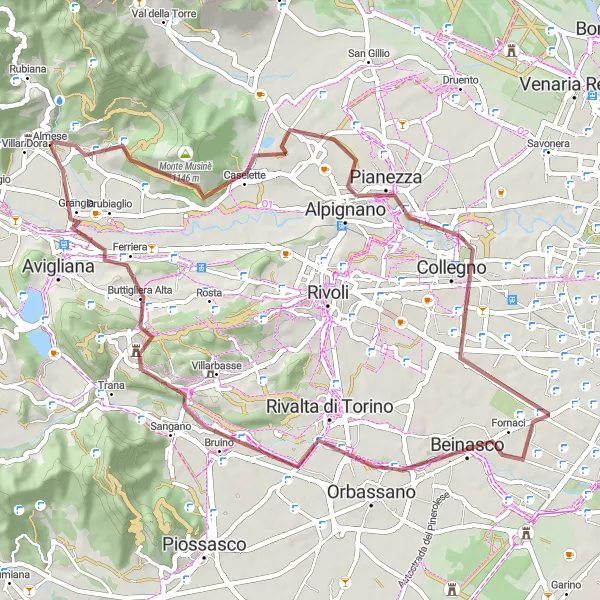 Map miniature of "Gravel Adventure in Almese-Rivera" cycling inspiration in Piemonte, Italy. Generated by Tarmacs.app cycling route planner