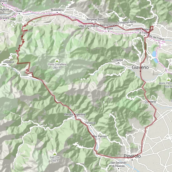 Miniatura della mappa di ispirazione al ciclismo "Avventura in bicicletta tra Giaveno e Colle delle Finestre" nella regione di Piemonte, Italy. Generata da Tarmacs.app, pianificatore di rotte ciclistiche