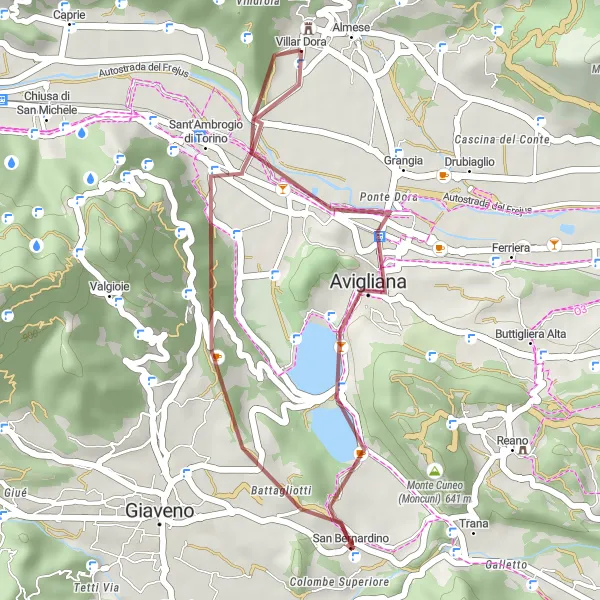 Karttaminiaatyyri "Almese-Rivera - Sant'Ambrogio di Torino Gravel Route" pyöräilyinspiraatiosta alueella Piemonte, Italy. Luotu Tarmacs.app pyöräilyreittisuunnittelijalla