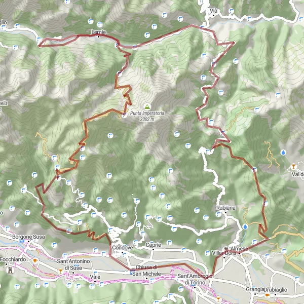 Map miniature of "The Ultimate Gravel Challenge of Almese-Rivera" cycling inspiration in Piemonte, Italy. Generated by Tarmacs.app cycling route planner