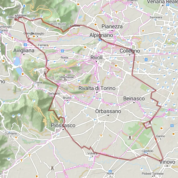 Map miniature of "Almese-Rivera Gravel Cycling Route" cycling inspiration in Piemonte, Italy. Generated by Tarmacs.app cycling route planner
