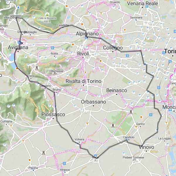 Kartminiatyr av "Eventyrlig Sykkeltur langs Almese-Rivera" sykkelinspirasjon i Piemonte, Italy. Generert av Tarmacs.app sykkelrutoplanlegger