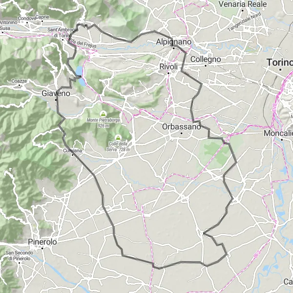 Miniatura della mappa di ispirazione al ciclismo "Giro panoramico delle rocce rosse" nella regione di Piemonte, Italy. Generata da Tarmacs.app, pianificatore di rotte ciclistiche