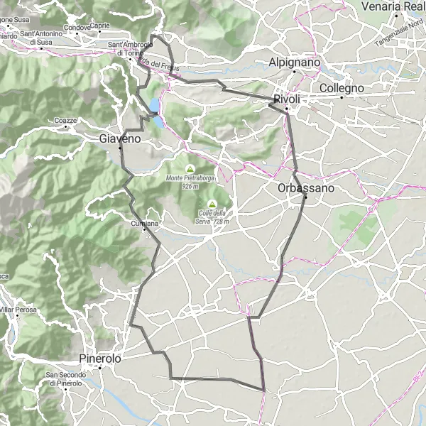 Karttaminiaatyyri "Almese-Rivera - Rocce Rosse Circular Road Route" pyöräilyinspiraatiosta alueella Piemonte, Italy. Luotu Tarmacs.app pyöräilyreittisuunnittelijalla