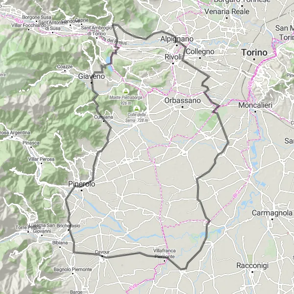 Miniaturní mapa "Road Route: Almese-Rivera Loop" inspirace pro cyklisty v oblasti Piemonte, Italy. Vytvořeno pomocí plánovače tras Tarmacs.app