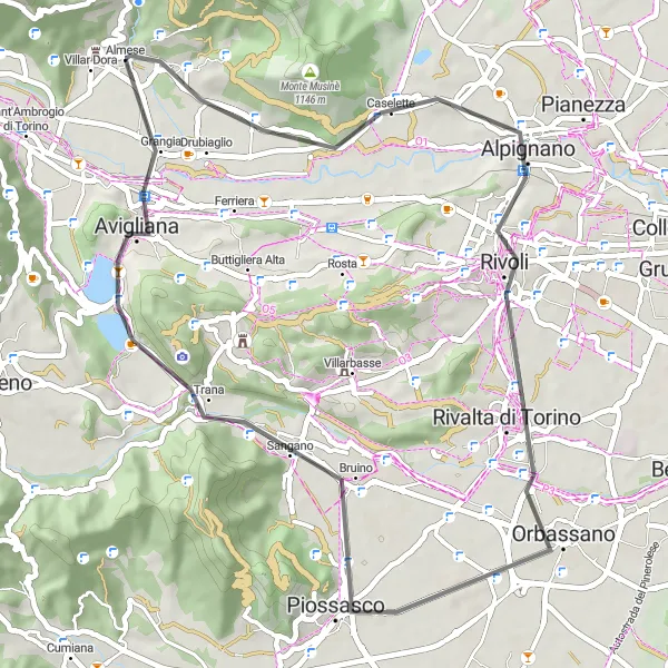 Miniatura della mappa di ispirazione al ciclismo "Giro in bicicletta attraverso Rivoli e Avigliana" nella regione di Piemonte, Italy. Generata da Tarmacs.app, pianificatore di rotte ciclistiche