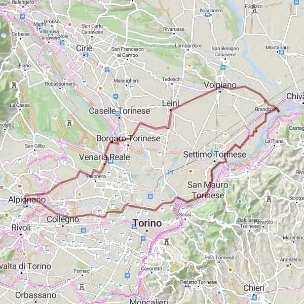 Mapa miniatúra "Gravel Bike Tour around Alpignano" cyklistická inšpirácia v Piemonte, Italy. Vygenerované cyklistickým plánovačom trás Tarmacs.app