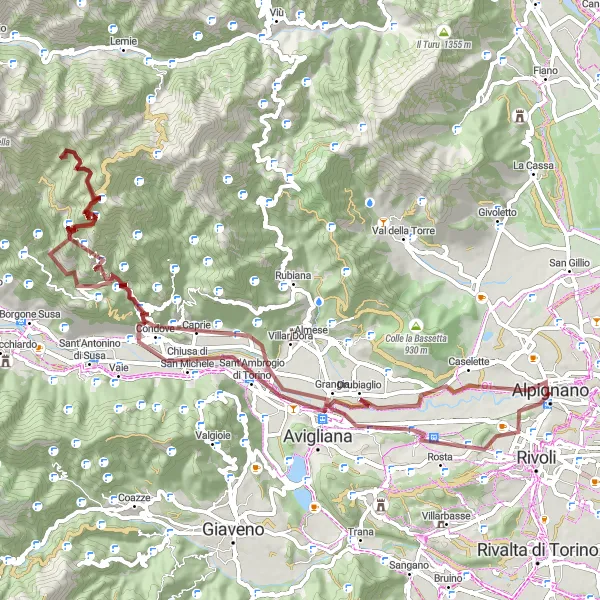 Map miniature of "Mountain Peaks Adventure" cycling inspiration in Piemonte, Italy. Generated by Tarmacs.app cycling route planner