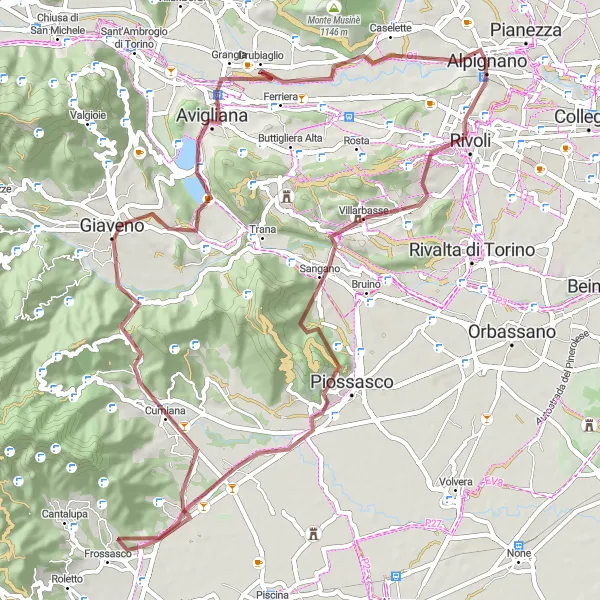 Miniatua del mapa de inspiración ciclista "Ruta de grava a Sangano y Avigliana" en Piemonte, Italy. Generado por Tarmacs.app planificador de rutas ciclistas