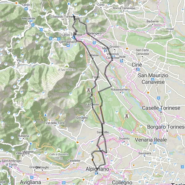 Miniaturní mapa "Kolo okolo Alpignana s výhledy na La Cassa a Pianezza" inspirace pro cyklisty v oblasti Piemonte, Italy. Vytvořeno pomocí plánovače tras Tarmacs.app