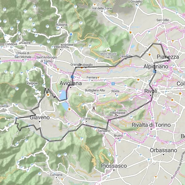 Miniatua del mapa de inspiración ciclista "Ruta en carretera a Rivoli y Giaveno" en Piemonte, Italy. Generado por Tarmacs.app planificador de rutas ciclistas