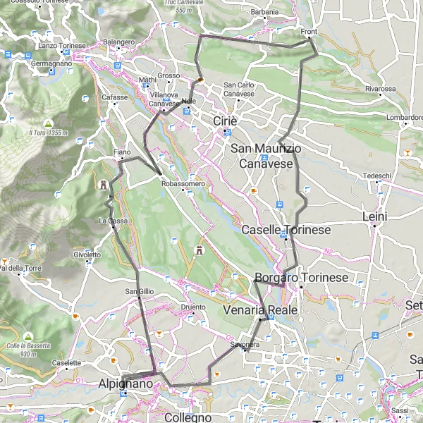 Map miniature of "Villages and Vineyards" cycling inspiration in Piemonte, Italy. Generated by Tarmacs.app cycling route planner