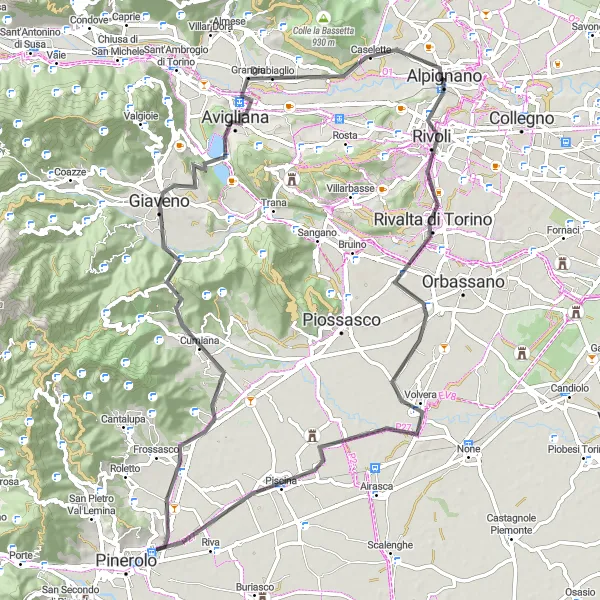 Map miniature of "Hills and Valleys" cycling inspiration in Piemonte, Italy. Generated by Tarmacs.app cycling route planner