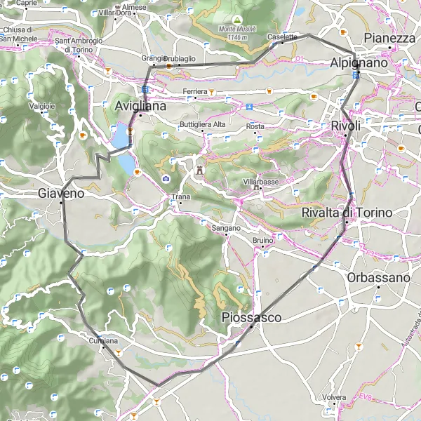 Map miniature of "Rivoli Circular Road Ride" cycling inspiration in Piemonte, Italy. Generated by Tarmacs.app cycling route planner