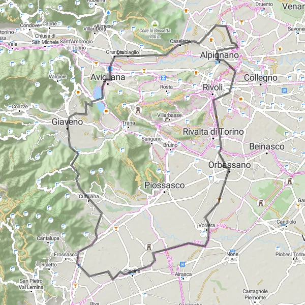 Miniatua del mapa de inspiración ciclista "Ruta de 80 km en carretera desde Alpignano" en Piemonte, Italy. Generado por Tarmacs.app planificador de rutas ciclistas
