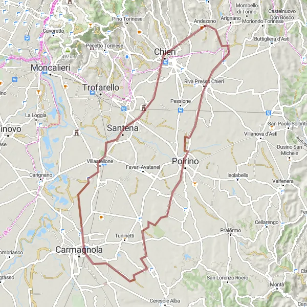 Map miniature of "Gravel Ride Through Carmagnola, Santena, and Chieri" cycling inspiration in Piemonte, Italy. Generated by Tarmacs.app cycling route planner