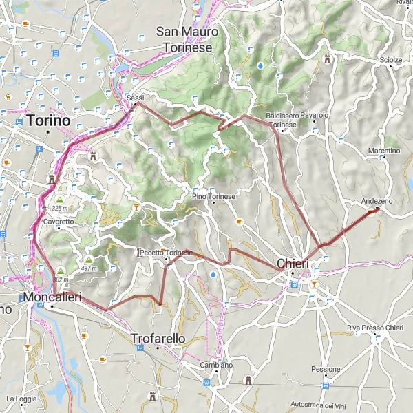 Miniatua del mapa de inspiración ciclista "Ruta de grava por Chieri y Superga" en Piemonte, Italy. Generado por Tarmacs.app planificador de rutas ciclistas