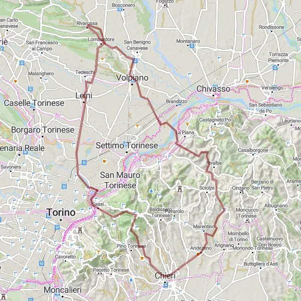 Miniatura della mappa di ispirazione al ciclismo "Grande sfida in gravel da Andezeno a Vernone" nella regione di Piemonte, Italy. Generata da Tarmacs.app, pianificatore di rotte ciclistiche