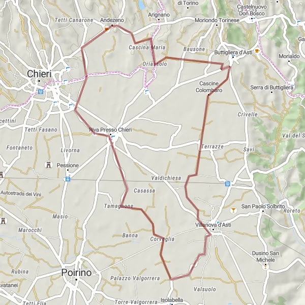 Map miniature of "Leisurely Gravel Ride Through Buttigliera d'Asti, Villanova d'Asti, and Tamagnone" cycling inspiration in Piemonte, Italy. Generated by Tarmacs.app cycling route planner