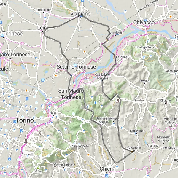 Miniaturní mapa "Cyklistická trasa skrz Baldissero Torinese a okolí" inspirace pro cyklisty v oblasti Piemonte, Italy. Vytvořeno pomocí plánovače tras Tarmacs.app