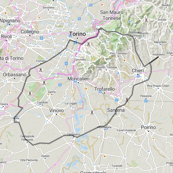 Miniatura della mappa di ispirazione al ciclismo "Avventura ciclistica tra Andezeno e Superga" nella regione di Piemonte, Italy. Generata da Tarmacs.app, pianificatore di rotte ciclistiche